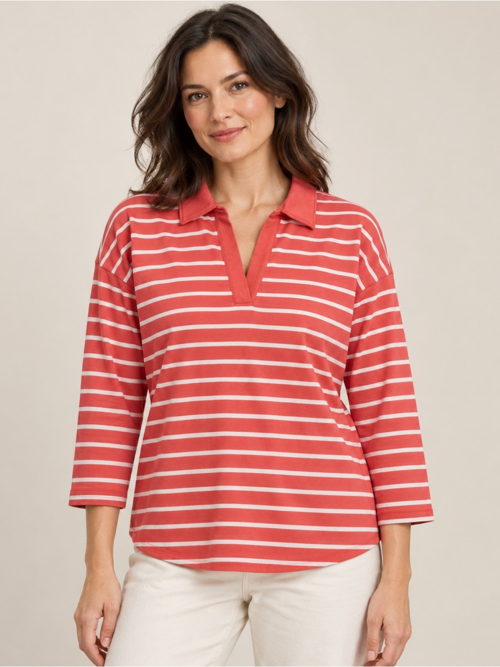 L.Bean Small Coral Striped Nautical Polo Top Coastal Fisherman Preppy 3/4 Sleeve